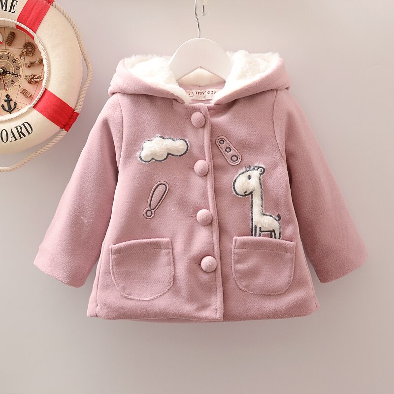 Female baby autumn winter coat, cartoon with hat collar coat.