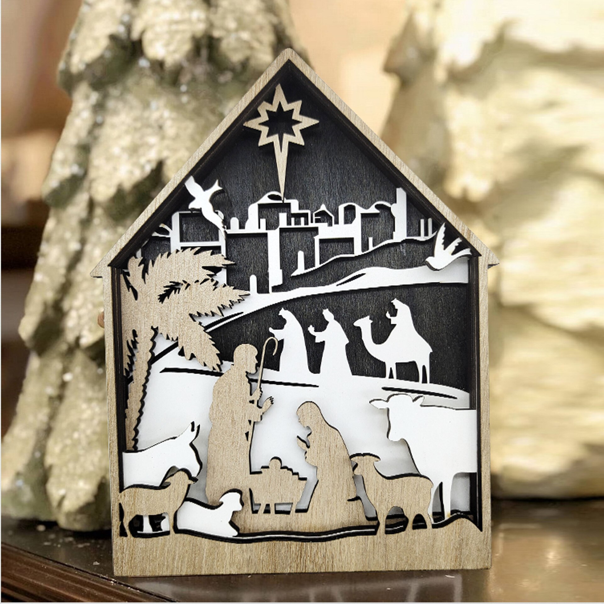 Estatua de lobo Animal de madera, tótem de lobo , artesanía decorativa para oficina y hogar, de Navidad, adornos de oso marrón de alce del bosque del norte: Without Light / House