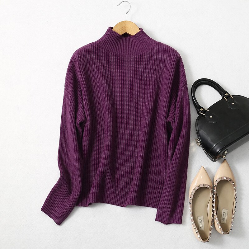 Pull à manches longues et col montant pour femme, 85% soie 15% cachemire, couleur unie, tous les jours, LY026: Purple