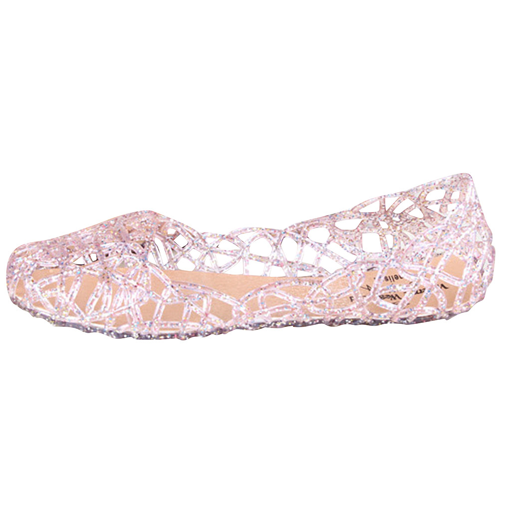 Shopping Ladies Walking Sandals Shoes Women's Summer Beach Jelly Sandals Slip On Flats Hollow Casual Breathable Pumps#529: Pink  / 36