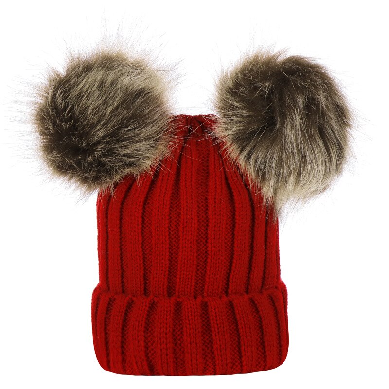 Winter warme baby muts met bont, dubbele pompon, gebreide baby meisjes jongens muts, peuter kindermuts, muts voor kinderen, kindermutsen, mutsen: 6