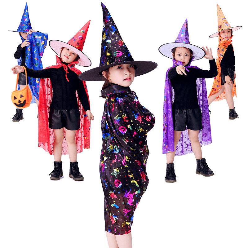 Kostium na bal maskowy czarodziej peleryna czarownicy peleryna szata z kapeluszem na pokaz gry Halloweens magiczne różdżki dla dzieci dzieci