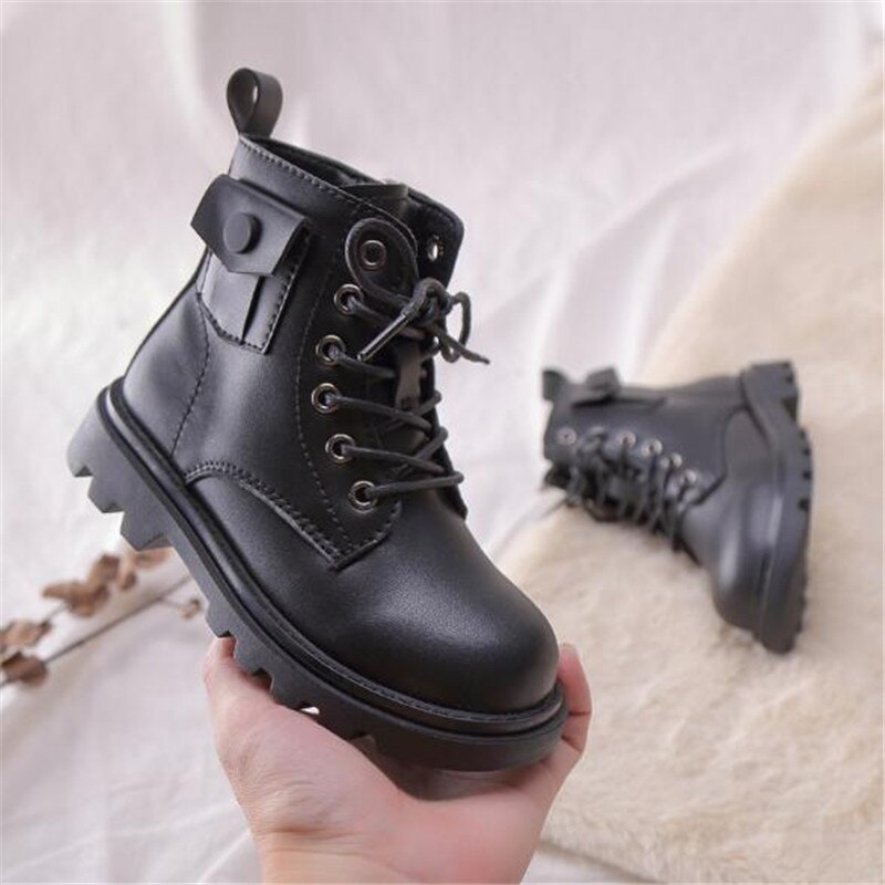 Autumn/Winter Children Ankle Boots Girls Boys Black Zip Motorcycle boots Baby With Plush Snow Boots Kids Toddler Shoes 019