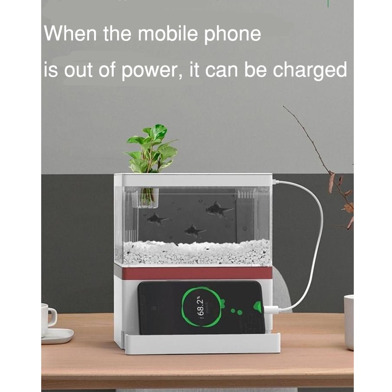 Desktop USB Mini Aquarium Fish Tank WIth Phone Holder With LED Lamp Light Betta Fish Fighting Cylinder