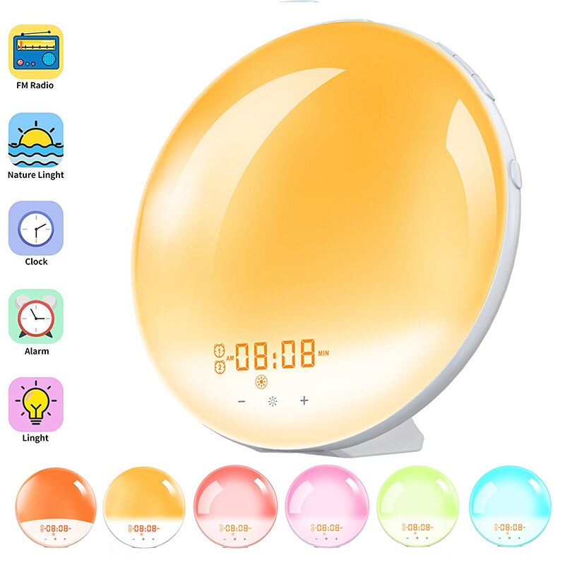 Alarm Clock Wake Up Light Smart Digital Snooze Nature Night Lamp Sunrise Colorful Light Nature Sounds FM Radio 7 Colors Sunrise: Common version