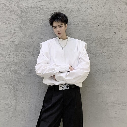 Camisa informal de manga larga con hombros anchos y cuello alto de color blanco para hombre, ropa de calle de Japón, vestido suelto a la , camisa, ropa para escenario: L