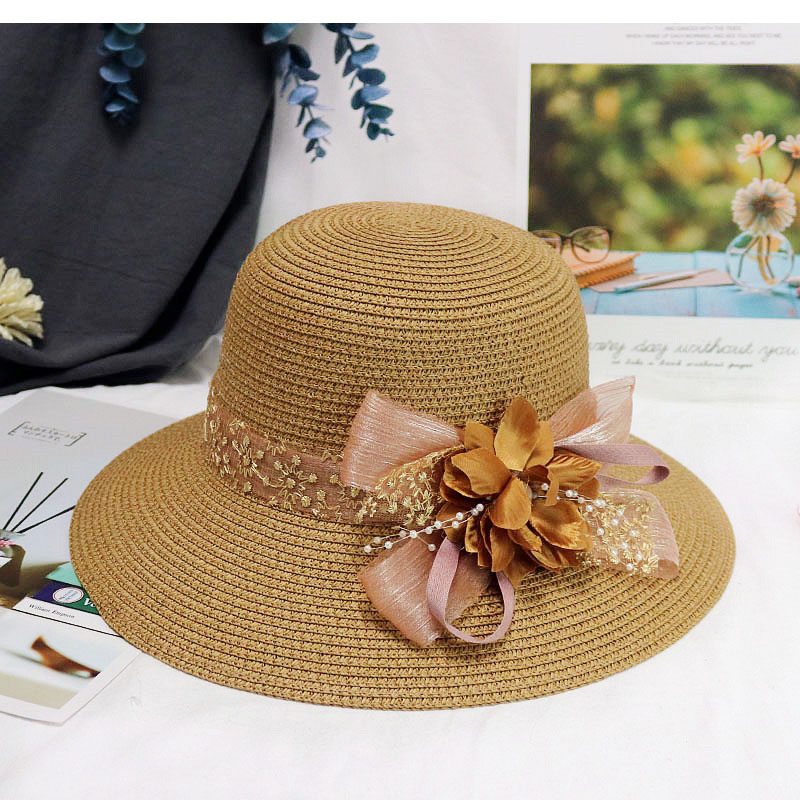 Women Summer Women's Sun Hat Bucket Cap Beige Lace Bowknot Flowers Ribbon Flat Top Straw Hat Beach Caps Panama: black