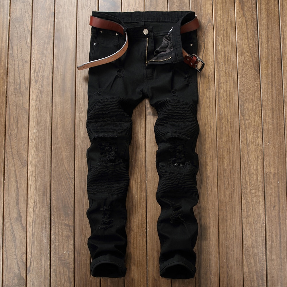 Moda 2019 męskie jeansy męskie s-lim dopasowanie dziurawe dżinsy jednokolorowy cienki proste spodnie spodnie czarne męskie spodnie spodnie