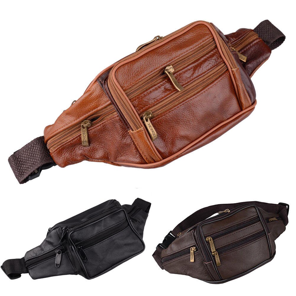 Mænd olie voks retro læder bæltetaske bærbar rejse udendørs solid lynlås bælte fanny pack talje taske