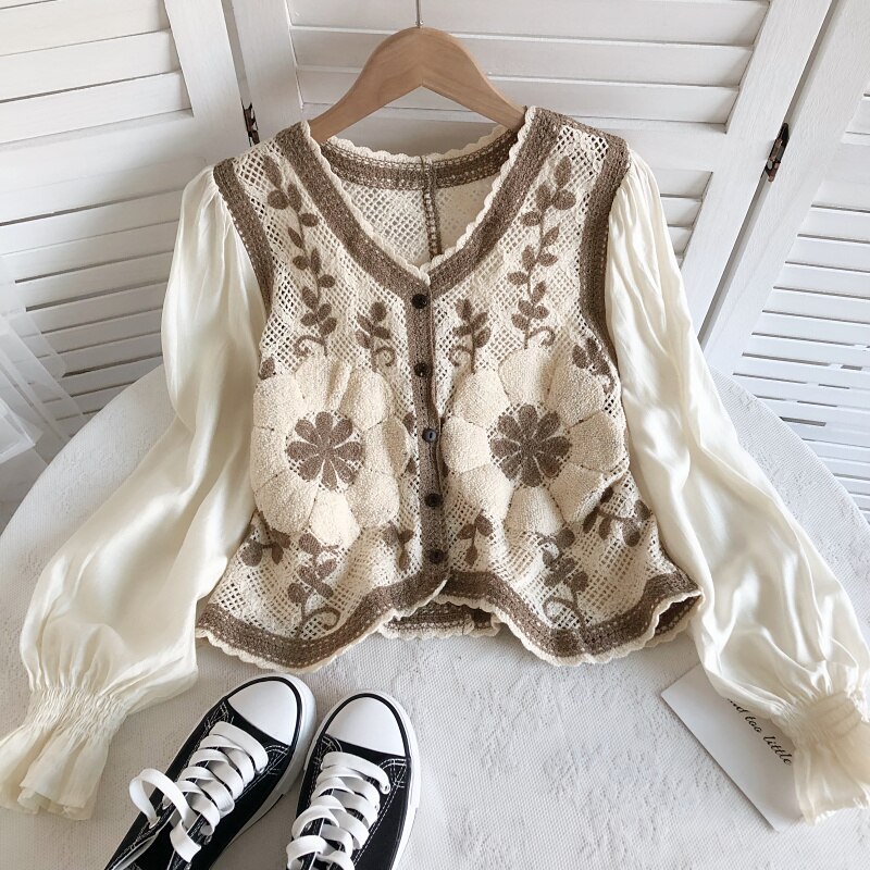 2022 Lente Zomer Chemise Femme Lange Mouwen Borduren Uitgeholde Bloem Losse Vest Shirt Veelzijdige Vrouwen Dragen Kleding: 3