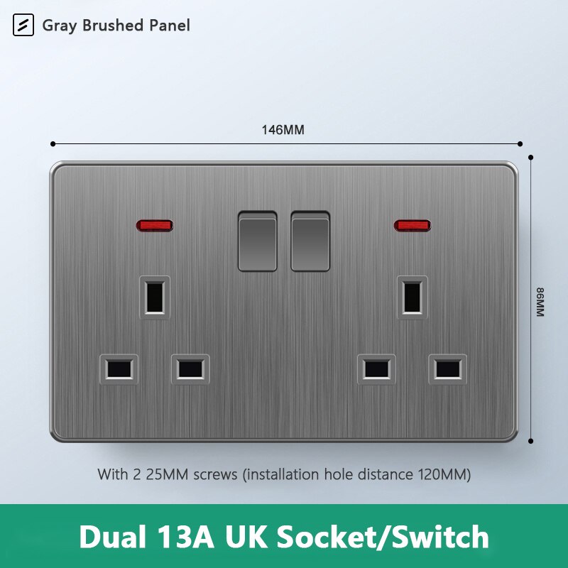 Atlectric UK Standard 13A Wall Socket Black White Gray Plastic Embedded Panel Usb Socket With Switch 110-250V Two Britain Outlet: 2UK2GL-LLS