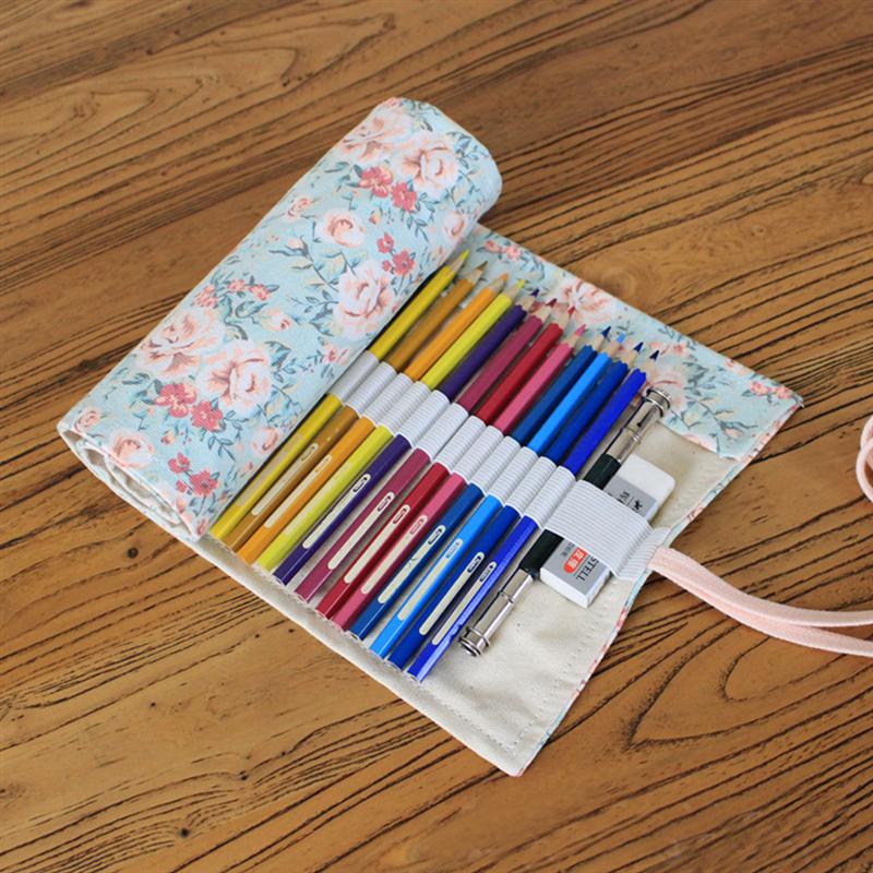 Lærred bærbar håndlavet strikning rullende blyantrulle wrap holder pose taske opbevaring arrangør med 48 slots (lyserød blomst stil)