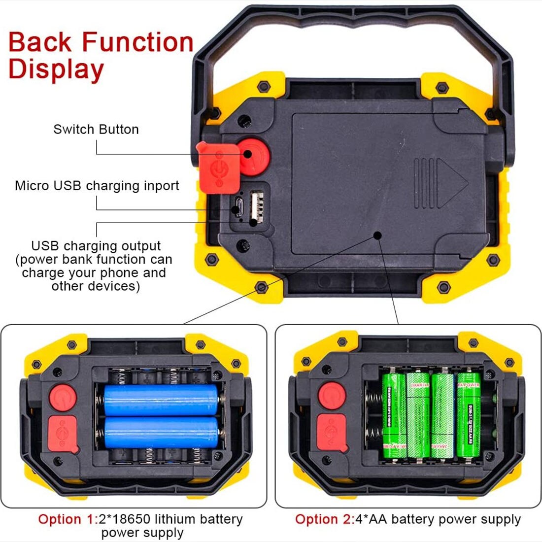 Power COB Work Lamp USB LED Portable Lantern Rechargable Waterproof 3-Mode Emergency Spotlight Floodlight for Camping Hike Run