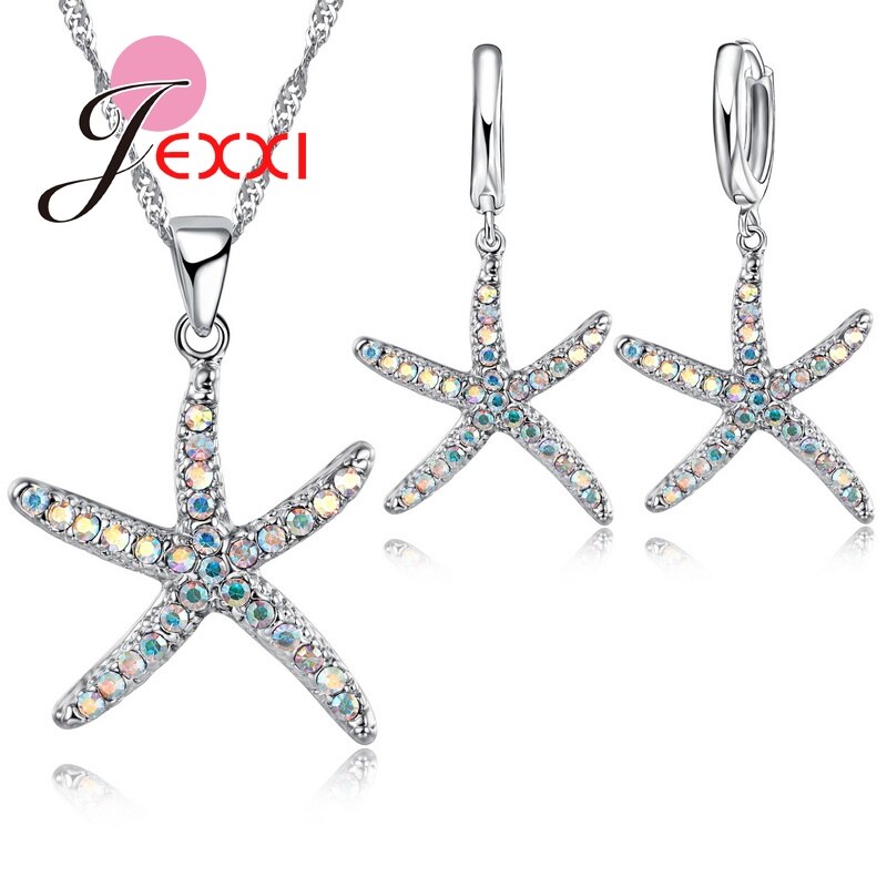 Woman Jewelry Sets Sweet Starfish Necklace &amp; Earrings With Pendant 925 Sterling Silver CZ Jewelry