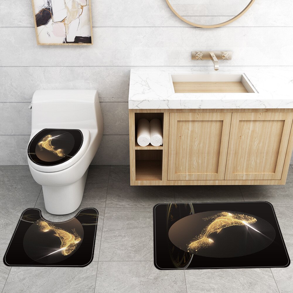 Guld badeværelset tæppe badeværelse bruseforhæng sæt skridsikker bademåtte toilet tæpper badeværelse dekoration bademåtte