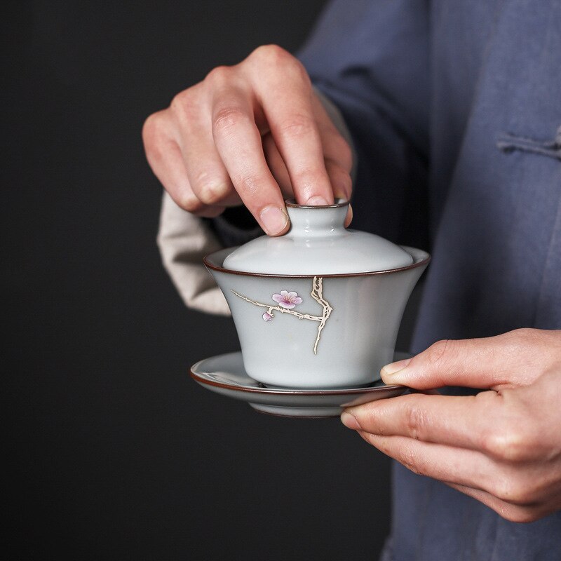 Longquan celadon cover bowl single bubble teacup ice crack kung fu tea set three cups large bowl ceramic