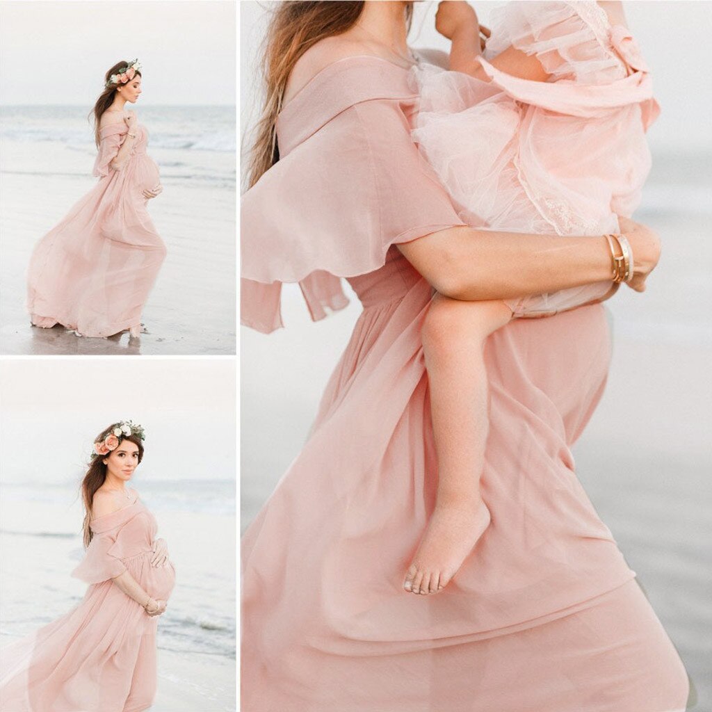 Women Maternity Dresses Summer One Shoulder Party Dress Photography Props Short Sleeve Ruffles Dress Pregnancy#f