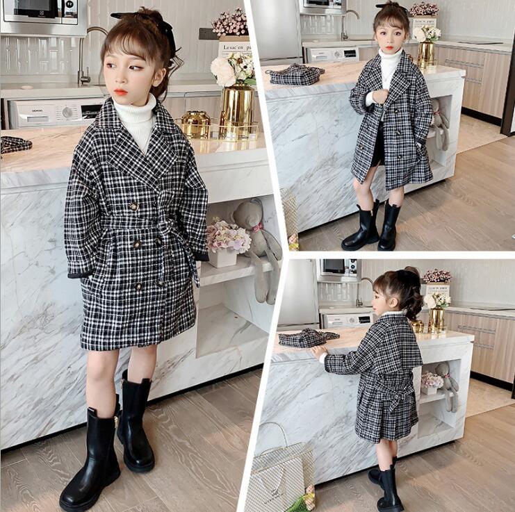 Trench Coat For Girls Autumn Winter Plaaid Coats And Bag High-grade Double-breasted Windbreaker Coat