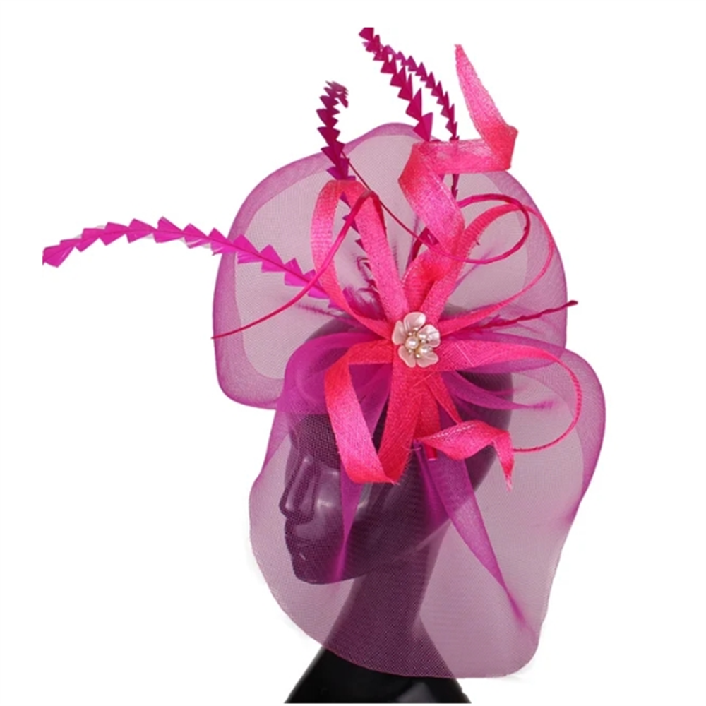 Women Sinamay Fascinators Hair Clip Wedding With Feather Nice Gold Hair Accessories Women Party Hat Wedding Headwear Hair Pins: Rose Red