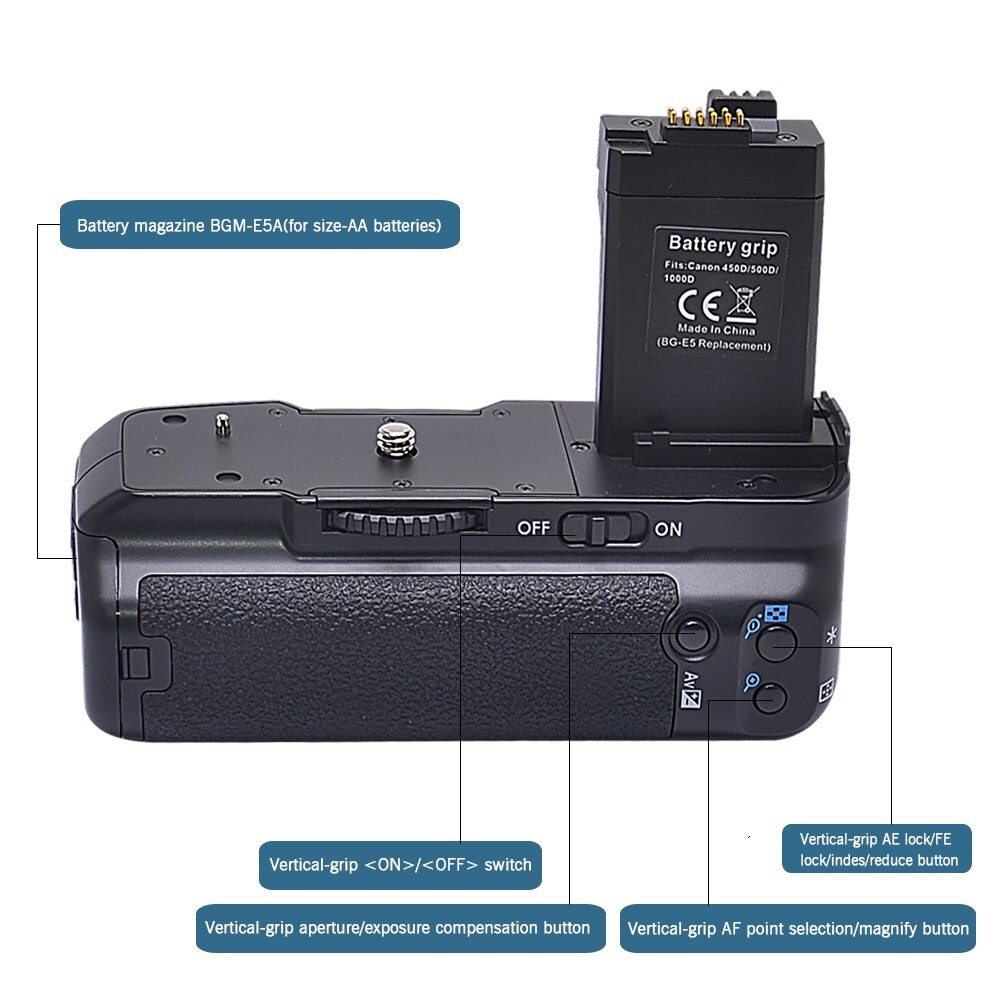 Mcoplus BG-450D Verticale Batterij Grip Houder Voor Canon Eos 450D 500D 1000D/Eos Rebel Xsi T1i Xs Camera Als BG-E5