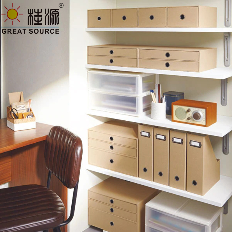 3 Layers Cabinet Cardboard Office Desk Top Organizer Home Storage 3 Drawers Cabinet Beige Faux Linen Natural Paper (2PCS)