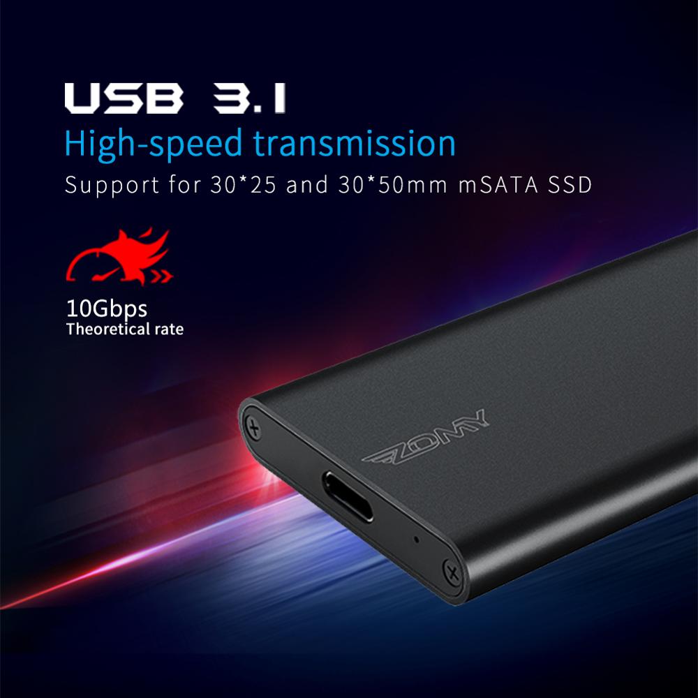 Zomy msata para usb 3.1 ssd caso de alumínio portátil 3*3/3*5 10gbps preto externo hdd gabinete móvel disco de estado sólido hd6012