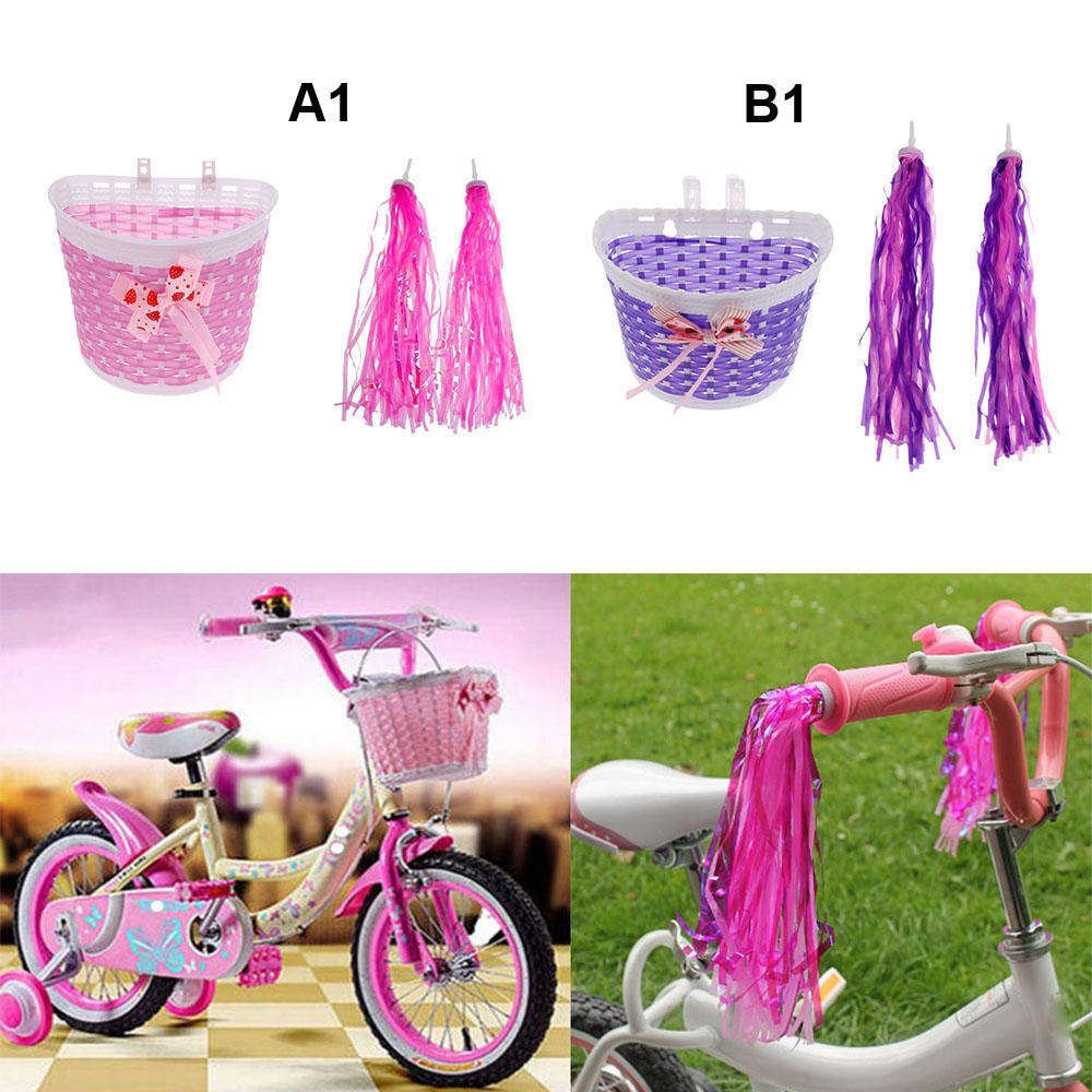Cykel lyserød / lilla styrkurv + retro kvaster streamers til børnecykler trehjulede scootere