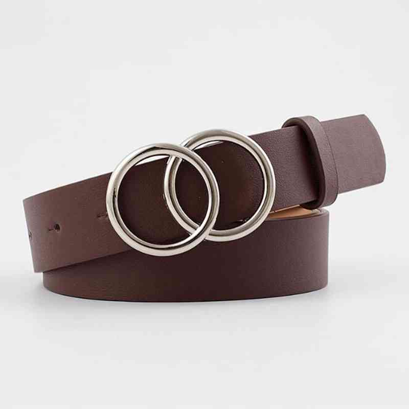 Riemen voor vrouwen dubbele ring riem pu leer metalen gesp taille riem dames casual jurk jeans wilde tailleband: Bruine sliver