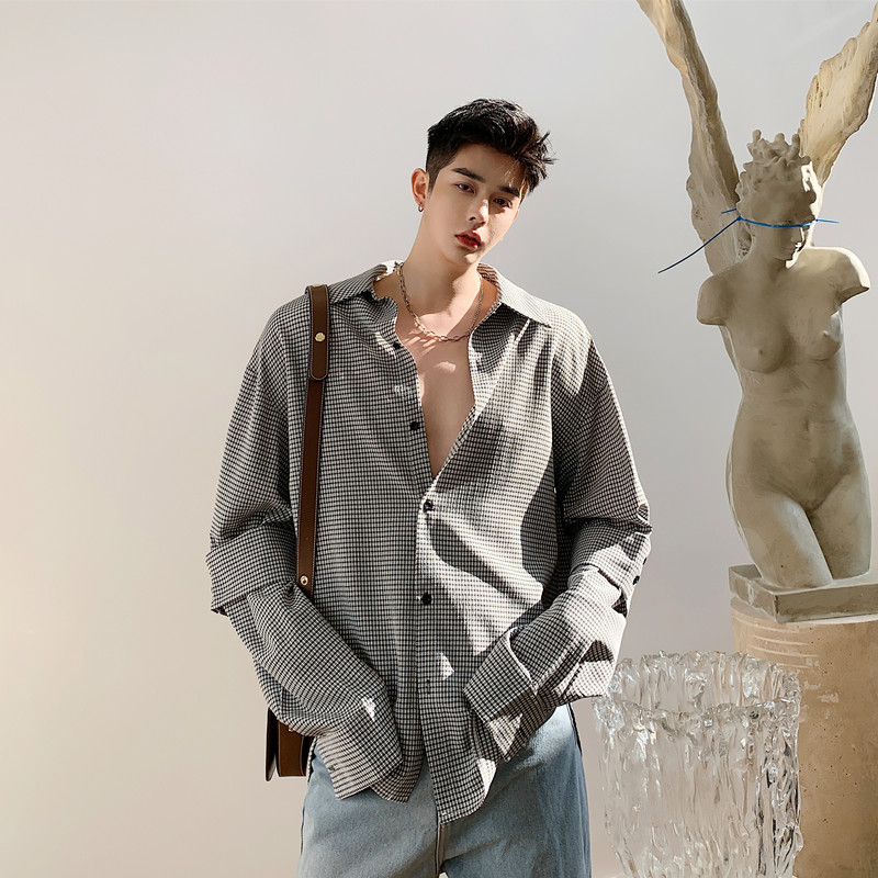 Camisa a cuadros masculina informal de manga larga de empalme para hombre estilo coreano Vintage Streetwear camisas sueltas