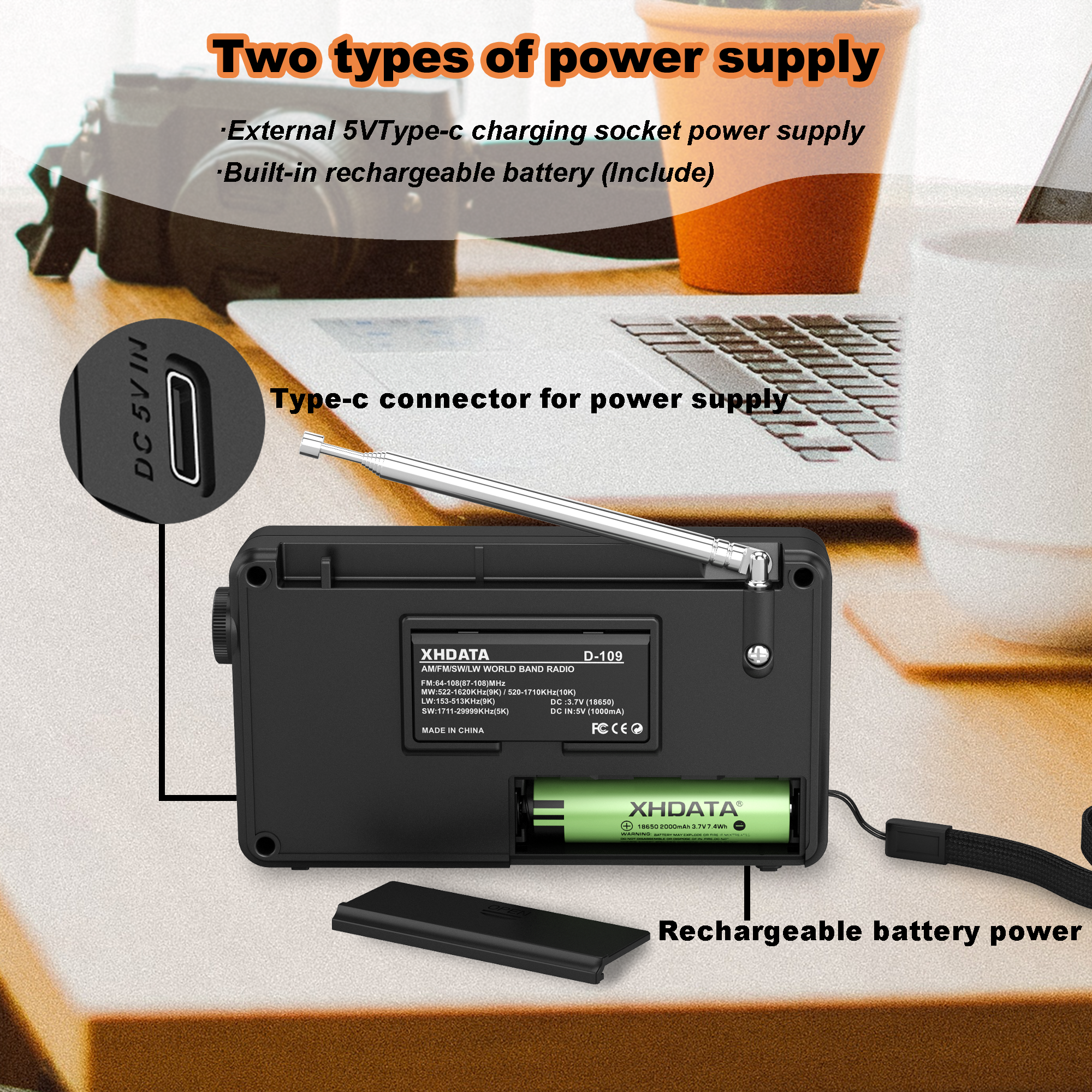 XHDATA D-109 Radio portátil Digital estéreo AM SW MW Radio FM Compatible con Bluetooth Radio multifuncional compatible con reproductor de tarjetas TF