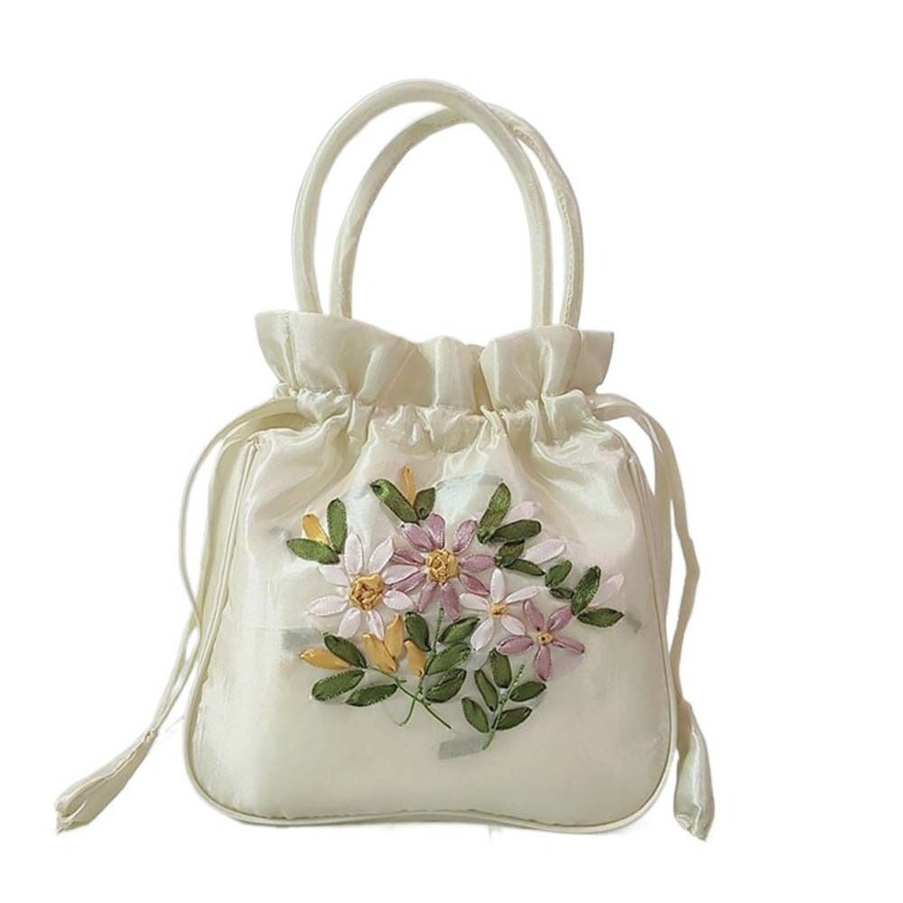 Bolso de mano con bordado de seda satinada para mujer, cartera pequeña con cordón Floral, Hanfu, Retro y: Beige
