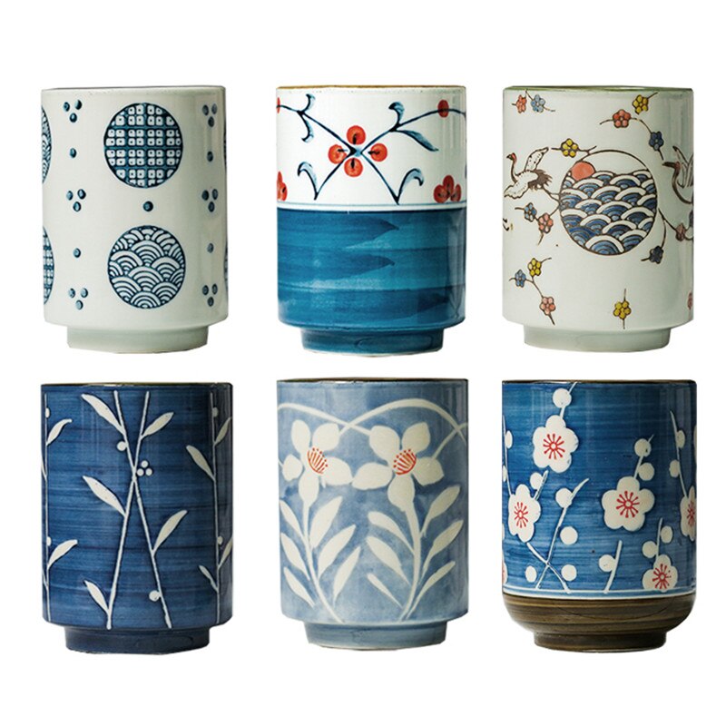 Grote waterbeker in japanse stijl, beschilderde watermok, theekop van steengoedkeramiek, handbeschilderd keukendrinkgerei, rechte theekom