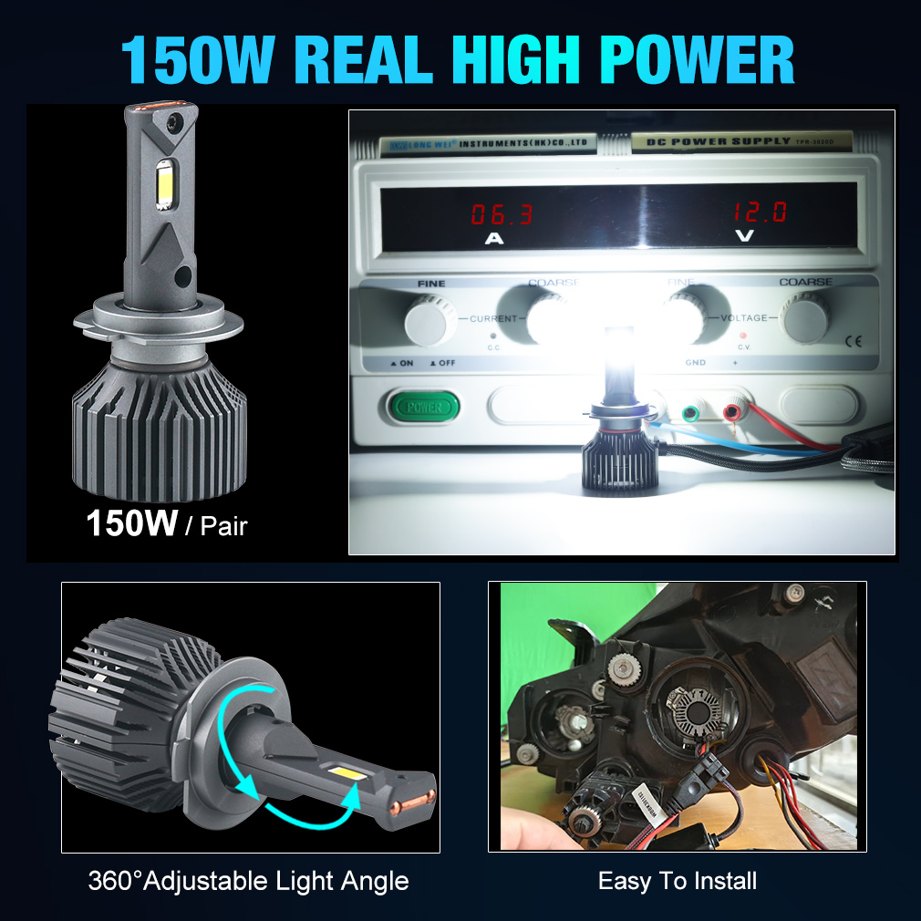 Bombillas LED para faros de coche H4 H7 H1 H11 9005 9006 HB3 HB4 9012 150W lámpara Turbo de alta potencia bombillas para automóvil 6000K luz blanca para coches