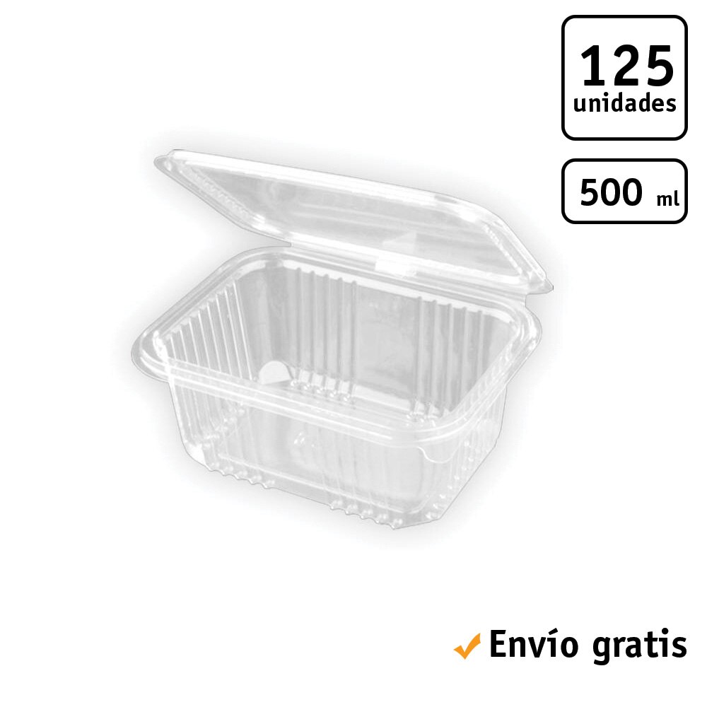 TELEVASO - Envase rectangular con tapa bisagra para comidas frías - Polietileno (PET) transparente, recipiente hermético: Envase Bisagra Rectangular 500 ml (125 Uds)