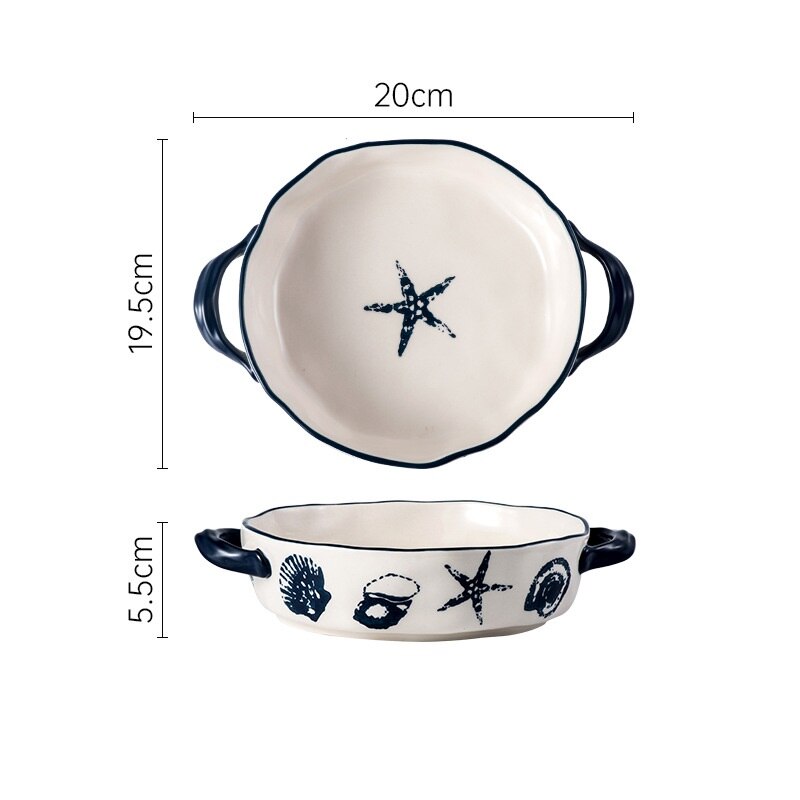Nordic Ocean Style Ceramic Plates Set Baking Pan Household Dishes Binaural Square Round Cheese Baked Rice Bowl Retro: 10.25 inch