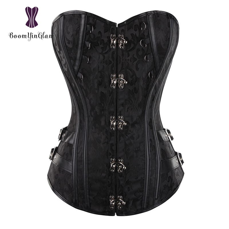 Midja tränare brokad steampunk jacquard konstläder dubbade överbyst brun korsett bustier med kedjor s -6xl 916#