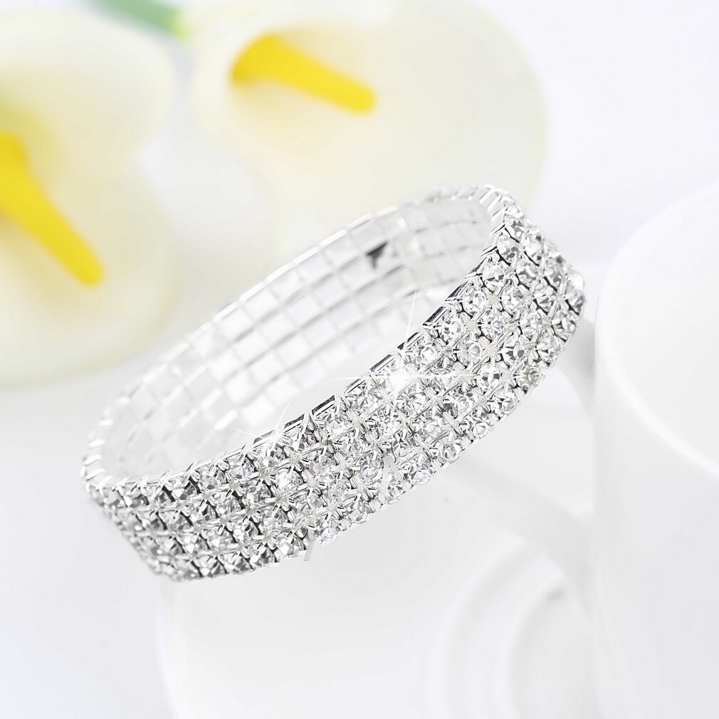 4 Row Stretch Clear Rhinestone Crystal Bridal Bracelets Bangles Wedding Party Jewelry Accessories for Women