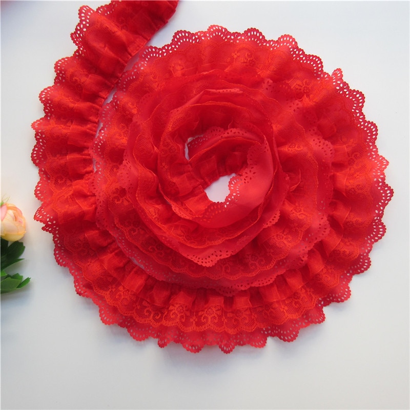 5 yards rött 3- lager veckat organza spetsband rynkade nättyg handgjorda bröllopsklänningar med spetskant sömnad 6.5cm