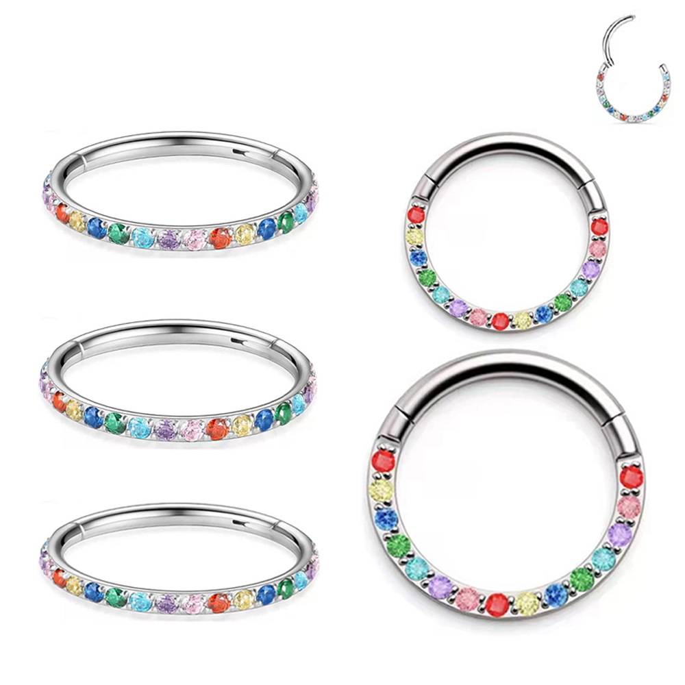 100% G23 anillo de titanio para la nariz para mujer pequeño tabique Nasal cartílago aro pendiente Piercing 16 gramos frontal Lnlaid Rainbow CZ bisagra