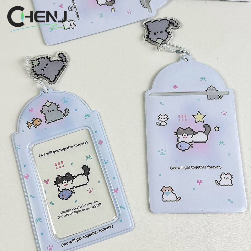 Soporte para tarjetas de fotos de gato de dibujos animados, decoración creativa de , álbum de fotos de ídolo, fundas protectoras, estuche de almacenamiento de tarjetas colgante