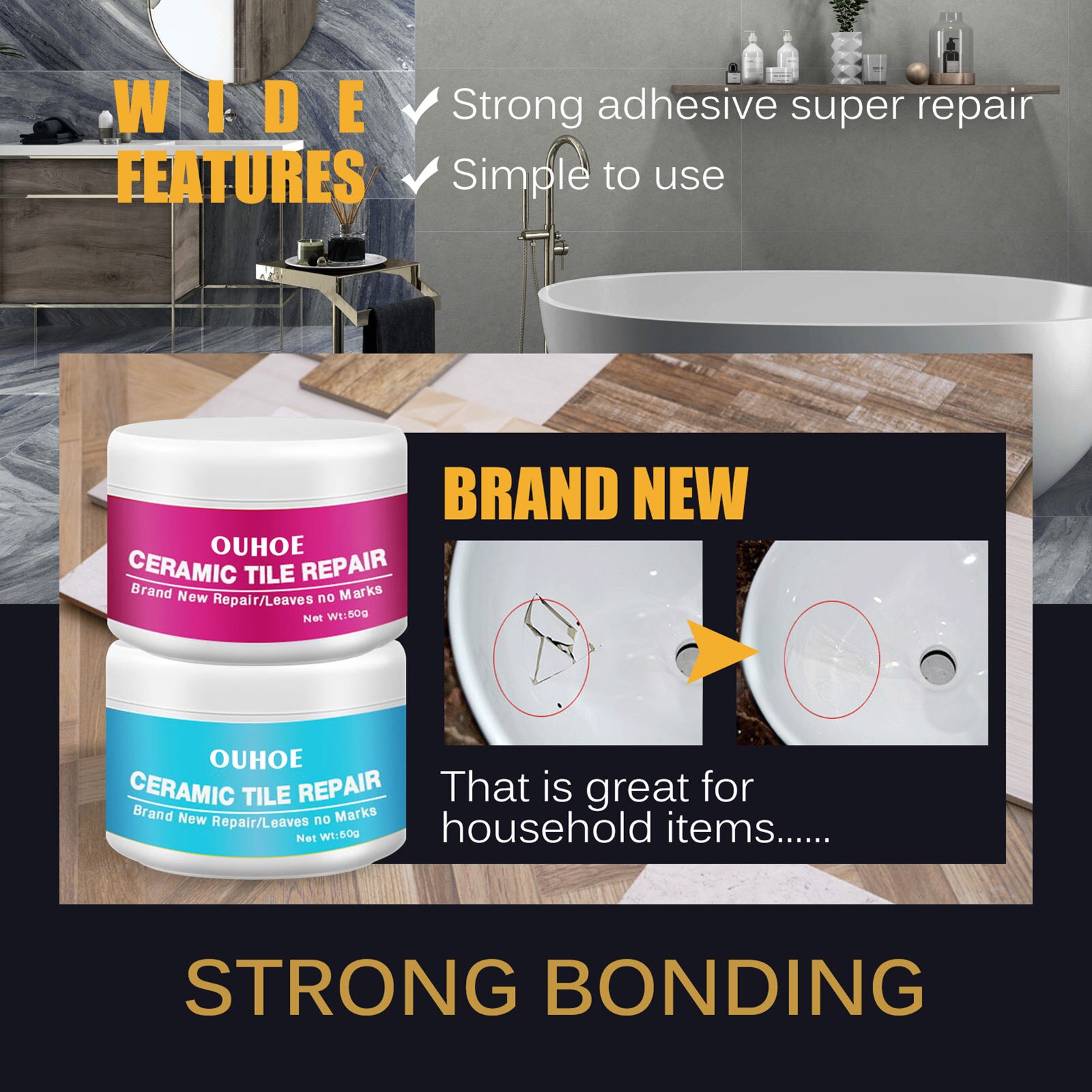 Ceramic Tile Repair Agent Ceramic Paste Floor Tile Adhesive Bathroom Closestool Marble Pit Glazed Fix Repair Paste