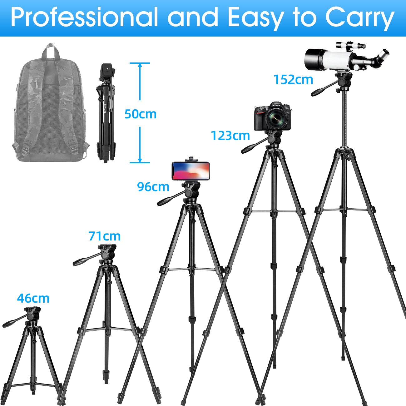 Stativ för 152cm kameror för dslr/slr med vätskehuvud i aluminium, fotostativ med telefonhållare &amp; avlägsen