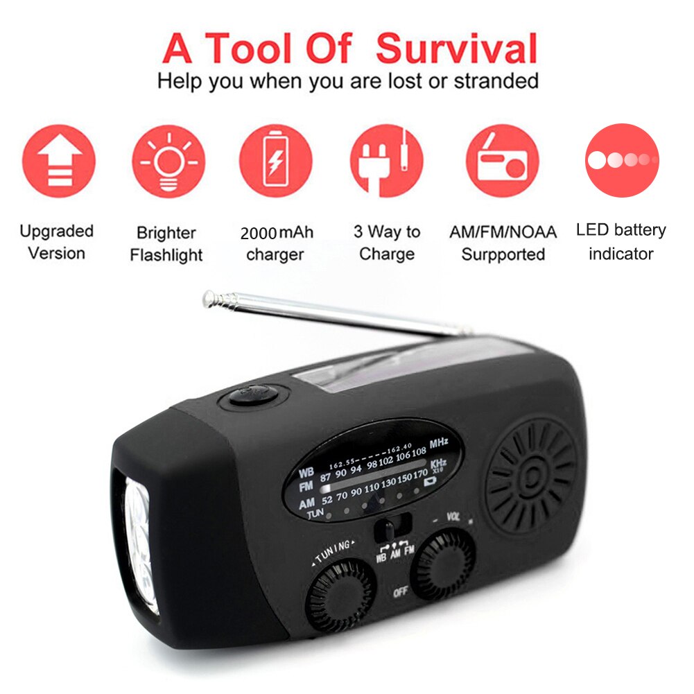2000Mah Portable Hand Radio Solar Crank Dynamo Powered Am/Fm/Noaa Weather Radio Gebruik Emergency Led Zaklamp en Power Bank: Black A