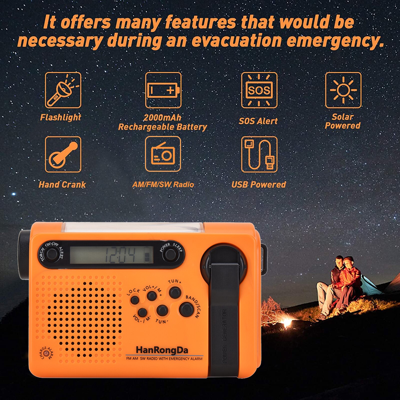 HRD-900 Emergency Solar Hand Crank Radio Portable Home Outdoor Emergency Radio w/ AM/FM/SW Flashlight SOS Alarm 2000mAh Battery