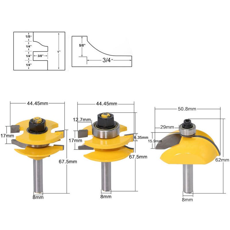 8mm tige surélevée panneau armoire porte routeur ensemble fraise à bois fraises 3 Bits Ogee menuiserie routeur: GJ377-2
