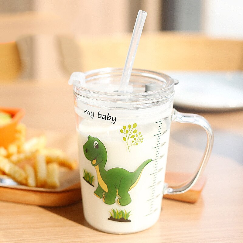 Taza de leche para niños, taza de cristal para el hogar, taza para el desayuno, copa de paja de 450ml: 1