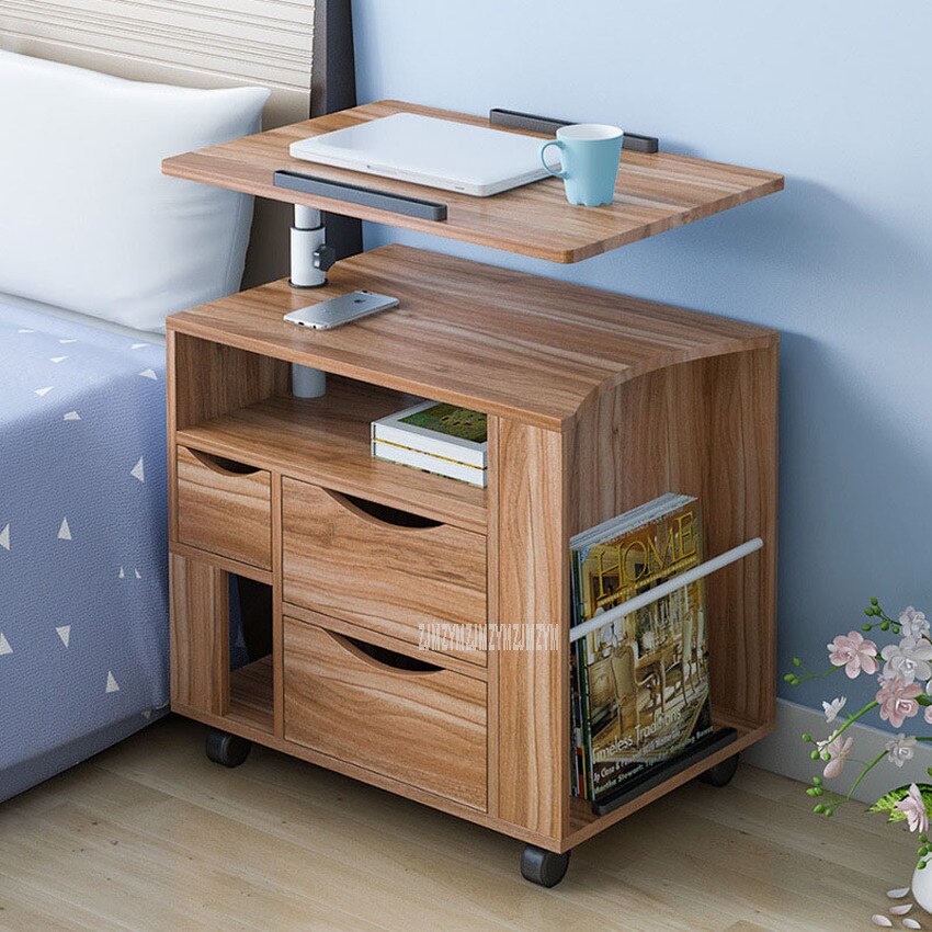 Movable Laptop Nightstand Bedside Liftable Desktop Notebook Laptop Desk Cabinet Wood Multifunctional Storage Cabinet: Ancient oak color