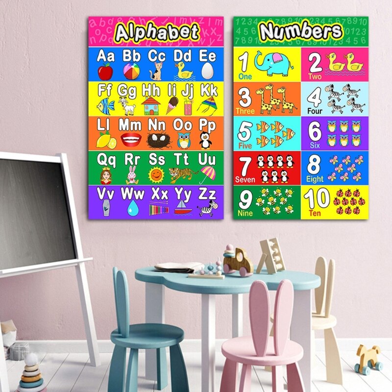 Lamineret førskoleplakat til småbørn og børn 2 stykker fulde alfabetplakater nummer 1-10 til børnehaveklasserum
