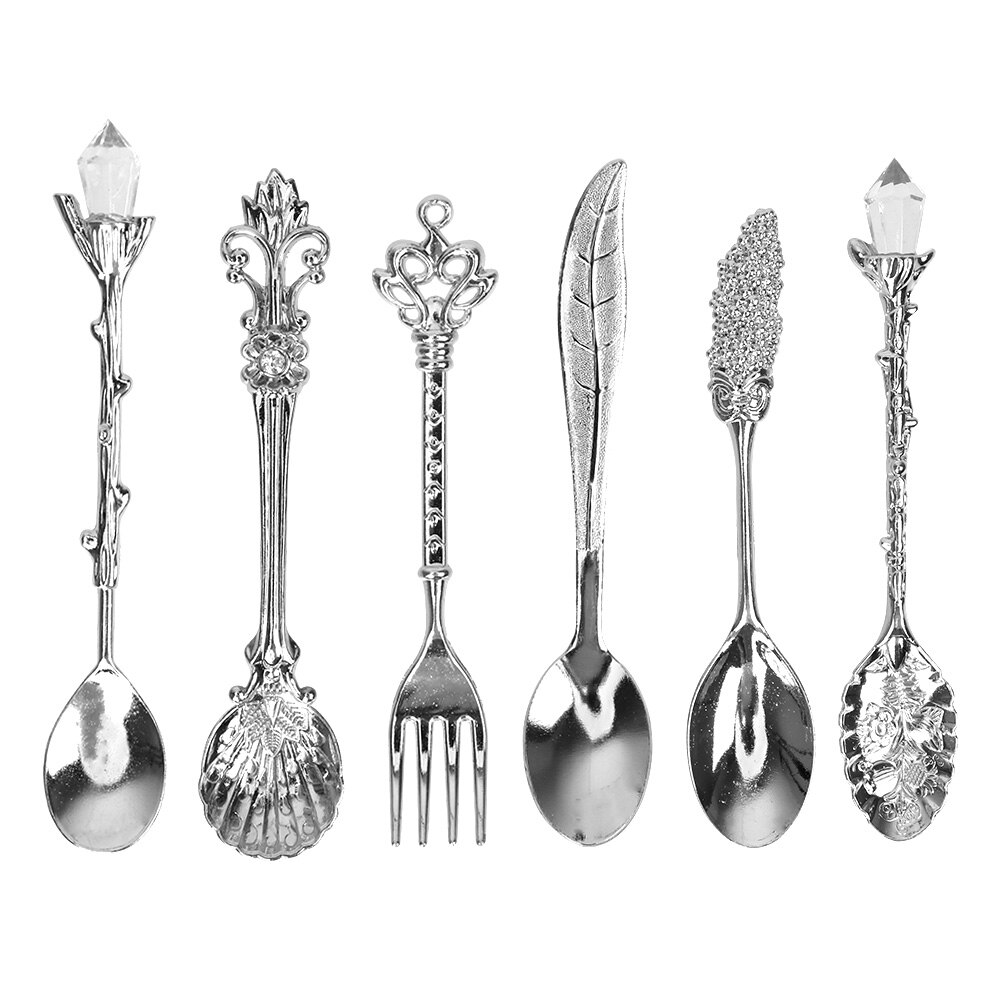 HOOMIN 6 unids/set estilo real clásico cuchara y tenedor de té de café de postre de leche de fruta flor tallada de la cuchara conjuntos: Plata