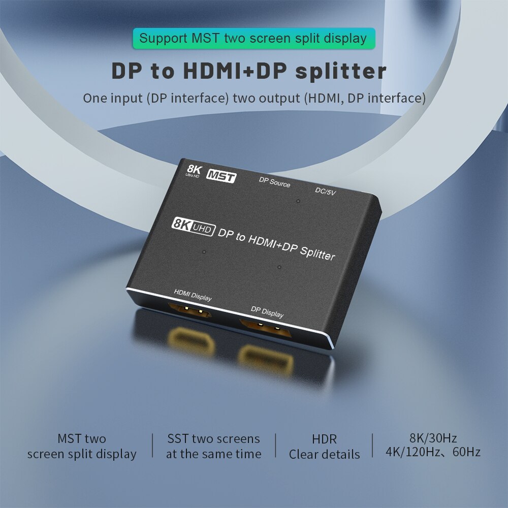 UHD Video Splitter Displayport to Displayport 1.4&amp;HDMI 2.1-Compatible 1x2 MST SST Hub 8K@30Hz 4K@120Hz 2K@240Hz 3D HDR 4:4:4